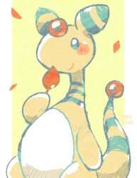  ampharos artist_name autumn_leaves closed_mouth commentary_request gen_2_pokemon holding holding_leaf leaf nintendo no_humans pokemon pokemon_(creature) pokemon_focus simple_background smile solo tansho 