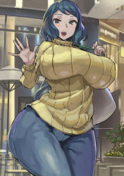 1girl blue_eyes blue_hair breasts curvy denim female_focus gundam gundam_build_fighters huge_breasts iori_rinko jeans kazo_(kazozakazo) large_breasts long_hair mature_female pants smile sweater thick_thighs thighs tight_clothes wide_hips rating:Questionable score:90 user:UserBox