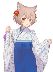  1boy animal_ears brown_eyes brown_hair cat_ears crossdressing crossdressing_(mtf) felix_argyle flower hair_flower hair_ornament japanese_clothes re:zero_kara_hajimeru_isekai_seikatsu ribbon shake_sawa short_hair solo trap white_background wide_sleeves  rating:General score:41 user:danbooru