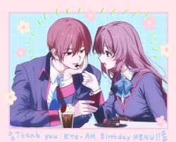  1boy 1girl a-chan_(little_busters!) black_jacket blue_background blue_bow blue_bowtie blue_eyes blue_necktie blush border bow bowtie breasts brown_eyes brown_hair cake cake_slice collared_shirt commentary couple english_text eyelashes eyes_visible_through_hair feeding food fork hair_between_eyes hand_on_own_cheek hand_on_own_face hand_up happy holding holding_fork jacket large_breasts little_busters! little_busters!_school_uniform long_hair long_sleeves looking_at_another miiizuno_lbs natsume_kyousuke necktie notice_lines open_mouth pink_border profile school_uniform shirt short_hair simple_background sitting smile tareme tsurime upper_body very_long_hair white_shirt 