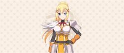  1girl arm_guards armor black_bodysuit blonde_hair blue_eyes bodysuit boobplate braid breastplate breasts closed_mouth cowboy_shot darkness_(konosuba) faulds game_cg hair_between_eyes hair_ornament hand_on_own_hip high_ponytail highres kono_subarashii_sekai_ni_shukufuku_wo! konosuba!_fantastic_days large_breasts light_blush long_hair looking_at_viewer neck_ribbon official_art patterned_background pauldrons ponytail ponytail_with_braided_base red_ribbon ribbon shoulder_armor sidelocks single_pauldron smile solo standing tachi-e very_long_hair x_hair_ornament 