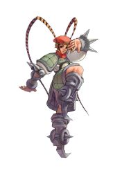 1girl :d absurdres armor armored_boots beret boots bracelet breastplate brown_eyes brown_hair faulds fighting_stance full_body game_cg green_armor hand_up hat highres jewelry knee_up lamellar_armor non-web_source official_art open_mouth outstretched_hand pointy_footwear puffy_short_sleeves puffy_sleeves red_hat red_scarf scarf short_hair short_sleeves shoulder_armor simple_background smile solo spiked_bracelet spikes standing standing_on_one_leg tao_(warzard) warzard white_background yasuda_akira 