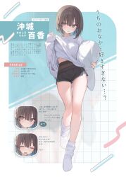  1girl absurdres black_shorts breasts brown_eyes brown_hair chinese_text dolphin_shorts hair_between_eyes highres looking_at_viewer loose_socks medium_breasts medium_hair original shin_no_tenpii shirt short_shorts shorts socks solo thighs white_background white_shirt white_socks  rating:Sensitive score:11 user:danbooru