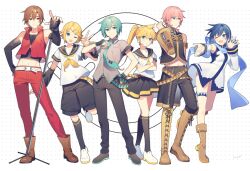  2girls 4boys aqua_hair aqua_necktie asymmetrical_pants black_pants black_shorts black_skirt blonde_hair blue_hair boots breasts brown_eyes brown_hair crossed_arms detached_sleeves dress fingerless_gloves genderswap genderswap_(ftm) genderswap_(mtf) gloves grey_shirt hair_ornament hairclip hatsune_mikuo headphones headset kagamine_lenka kagamine_rinto kaiko_(vocaloid) knee_boots kneehighs long_hair medium_breasts megurine_luki meito_(vocaloid) microphone multiple_boys multiple_girls nail_polish necktie one_eye_closed pants pink_hair red_pants shirt short_hair shorts side_ponytail simple_background sinaooo skirt socks v very_long_hair vocaloid 