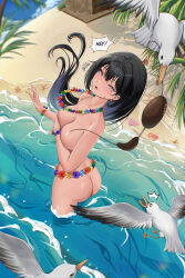  1girl ass bird black_hair butt_crack commentary completely_nude crab ear_piercing english_commentary english_text fanbox hawaiian_clothes highres huge_ass long_hair nude ocean original piercing pixiv public_indecency sand seagull shiny_skin starfish swimsuit unworn_swimsuit water wonnikon 