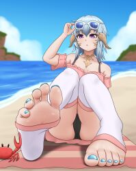  1girl arm_up au_ra beach beach_towel black_panties blue-tinted_eyewear blue_nails blurry blurry_background breasts cleavage collarbone crab detached_sleeves eyelashes eyewear_on_head feet final_fantasy final_fantasy_xiv flickmann_ss foot_focus foreshortening full_body grey_hair highres knees_together_feet_apart knees_up legs looking_at_viewer medium_hair nail_polish no_shoes ocean on_ground original panties purple_eyes scales shadow sitting soles sunglasses thighhighs thighs tinted_eyewear toeless_legwear toenail_polish toenails toes towel underwear white_thighhighs  rating:Sensitive score:46 user:danbooru