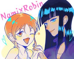  2girls black_hair blue_eyes blunt_bangs character_name commentary_request heart highres holding_hands medium_hair multiple_girls nameijitui1 nami_(one_piece) nico_robin one_eye_closed one_piece open_mouth orange_eyes orange_hair short_hair sidelocks smile upper_body 