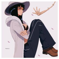 1girl adapted_costume ai-assisted artist_name bad_id bad_twitter_id black_bra blunt_bangs bra breasts brown_shoes cleavage closed_mouth coat cowboy_shot devil_fruit_power extra_arms fur-trimmed_coat fur_trim hana_hana_no_mi hat highres medium_hair nico_robin nico_robin_(alabasta) one_piece pants pink_petals prixmal profile shoes simple_background sitting solo underwear white_background white_coat white_hat 