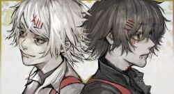  2boys black_hair black_shirt closed_mouth dual_persona hair_between_eyes hair_ornament hairclip highres male_focus multiple_boys red_eyes roman_numeral shirt short_hair smile stfr_(stfr_kaz) stitches suzuya_juuzou tokyo_ghoul tokyo_ghoul:re white_hair x_hair_ornament 