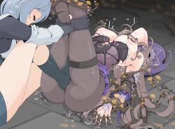  2girls black_pantyhose black_socks breasts brown_hair commentary_request crotch_stomping defeat denki_anma detached_sleeves head_back herta_(honkai:_star_rail) highres honkai:_star_rail honkai_(series) kneehighs long_hair medium_breasts multiple_girls nipple_stimulation nipple_tweak nipples open_mouth pantyhose restrained socks stomping textless_version the_herta_(honkai:_star_rail) tongue tongue_out ttptt yuri 