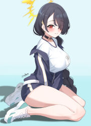  1girl absurdres alternate_costume arms_between_legs artist_name asymmetrical_bangs bare_legs black_choker black_hair blue_archive blue_background blue_jacket blue_shorts blush braid breasts choker closed_mouth commentary_request cross cross_earrings earrings eyes_visible_through_hair from_side full_body gym_shirt gym_uniform hair_over_one_eye halo highres hinata_(blue_archive) jacket jacket_partially_removed jewelry kneeling kurochomo large_breasts long_hair looking_at_viewer partially_unzipped red_eyes shirt shoes short_shorts shorts simple_background sitting sneakers solo thighs track_jacket twitter_username very_long_hair white_shirt white_shoes yellow_halo yokozuwari 