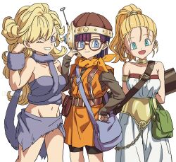  3girls aqua_eyes arms_behind_back artist_name ayla_(chrono_trigger) bag blonde_hair blue_eyes chrono_trigger fur_(clothing) glass hand_on_own_hip helmet hosodayo light_smile lucca_ashtear marle_(chrono_trigger) medium_hair multiple_girls one_eye_closed orange_tunic ponytail purple_eyes purple_hair shoulder_bag simple_background tunic white_background 
