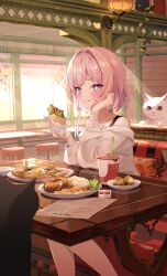  +_+ 1girl absurdres animal black_cat blue_eyes blush booth_seating bra_strap breasts cat closed_mouth commentary cup day disposable_cup doner_kebab eating feet_out_of_frame food food_on_face food_request foodgasm french_fries fried_egg furrowed_brow green_nails hand_on_own_cheek hand_on_own_face highres holding holding_food indoors large_breasts looking_at_viewer mashed_potatoes multicolored_nails off-shoulder_sweater off_shoulder original pink_hair red_nails restaurant short_eyebrows sitting solo sweater symbol-only_commentary tamago_nezumi thick_eyebrows two-tone_nails very_long_fingernails wavy_mouth white_cat white_sweater window 