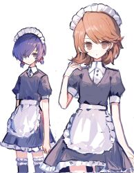  1boy 1girl alternate_hairstyle apron black_dress black_thighhighs blue_eyes blue_hair bow brown_eyes brown_hair closed_mouth collared_shirt commentary cowboy_shot crossdressing dress earrings frilled_hairband frilled_skirt frills hair_between_eyes hair_bow hairband highres jewelry looking_at_viewer low_twintails maid maid_apron maid_headdress medium_hair official_alternate_costume persona persona_3 puffy_short_sleeves puffy_sleeves red_bow shio_0585 shirt short_hair short_sleeves skirt stud_earrings takeba_yukari thighhighs twintails white_apron white_background white_shirt yuuki_makoto_(persona_3)  rating:General score:6 user:danbooru
