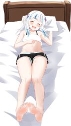  1girl aqua_panties bare_legs bare_shoulders barefoot bed_sheet black_shorts blue_hair blush bow commentary crop_top dolphin_shorts english_commentary feet fins fish_tail flat_chest full_body gawr_gura hair_ornament hololive hololive_english immortalboobs legs long_hair lying multicolored_hair nail_polish navel on_back on_bed open_mouth paid_reward_available panties pillow pink_bow saliva shadow shark_hair_ornament shark_tail sharp_teeth short_shorts shorts sleeping soles solo stomach streaked_hair tail teeth toenail_polish toenails toes two_side_up underwear upper_teeth_only virtual_youtuber white_hair 