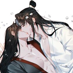  2boys alternate_hairstyle bishounen bite_mark black_hair black_hanfu blush chinese_clothes closed_eyes collarbone hair_down hand_on_another&#039;s_face hanfu headband highres jujeop kiss lan_wangji long_hair long_sleeves male_focus modao_zushi multiple_boys open_clothes open_robe pectoral_cleavage pectorals robe sidelocks simple_background topknot upper_body water_drop wei_wuxian white_background white_hanfu white_headband yaoi 