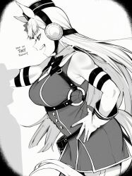  1boy 1girl absurdres animal_ears bare_shoulders blunt_bangs bow breasts collar english_text from_side gloves gold_ship_(umamusume) greyscale hand_on_wall hat height_difference highres horse_ears horse_girl horse_tail kabedon large_breasts long_hair looking_down masoq monochrome muscular muscular_female o-ring open_mouth pillbox_hat tail tall_female teeth trainer_(umamusume) umamusume white_hair 