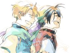  2boys bandana black_hair blonde_hair closed_eyes dated furrowed_brow genpai39 gensou_suikoden gensou_suikoden_i green_bandana green_scarf highres laughing male_focus multiple_boys open_mouth red_tunic scarf shirt short_hair sketch ted_(suikoden) tir_mcdohl tunic twintails upper_body white_background white_shirt 