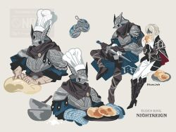  1boy 1girl armor black_boots black_capelet black_gloves black_jacket black_pants blue_tunic boots bowl braid bread brother_and_sister brown_boots capelet chef_hat cleaning cleaning_weapon copyright_name covered_eyes dagger dough duchess_(elden_ring) earrings elden_ring elden_ring_nightreign eye_mask food full_body gloves grey_background hat helmet holding holding_cloth holding_dagger holding_knife holding_weapon jacket jewelry knife kuroihato oven_mitts pants plate reverse_grip scar scar_on_arm siblings sitting tunic twitter_username vambraces weapon white_gloves white_hat white_pants winged_helmet wylder_(elden_ring) 