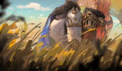  2boys armor back_tattoo black_coat black_gloves black_shirt blonde_hair blue_cape blue_sky cape coat fingerless_gloves gloves gradient_hair hand_on_another&#039;s_chin harumihsr hashtag-only_commentary highres honkai:_star_rail honkai_(series) kiss male_focus medium_hair multicolored_hair multiple_boys mydei_(honkai:_star_rail) open_clothes open_coat pauldrons phainon_(honkai:_star_rail) red_hair red_tattoo shirt short_hair shoulder_armor side_cape single_pauldron sky tattoo wheat_field white_coat white_hair yaoi 