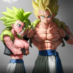 1boy 1girl :o abs alternate_costume blonde_hair blue_eyes blush bracelet breasts covering_breasts covering_privates crossed_arms dragon_ball dragon_ball_super dragonball_z elite_nappa fusion_dance gogeta green_hair grey_background jewelry kefla_(dragon_ball) large_breasts looking_at_another muscular muscular_arms muscular_female muscular_male nipples pants smile spiked_hair super_saiyan vest