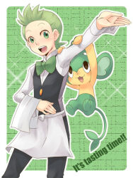  1boy apron black_eyes blush cilan_(pokemon) cubexcube gen_5_pokemon green_eyes green_hair hanging_on_arm looking_up male_focus monkey nintendo open_mouth pansage pokemon pokemon_(anime) pokemon_(creature) pokemon_bw_(anime) smile tail 