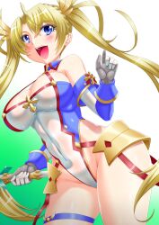  1girl absurdres armor bare_shoulders blonde_hair blue_eyes blue_gloves blue_leotard blush bradamante_(fate) bradamante_(first_ascension)_(fate) braid breasts cleavage covered_navel crown_braid elbow_gloves fate/grand_order fate_(series) faulds gloves guriguri_(arayotto4351) highleg highleg_leotard highres large_breasts leotard long_hair looking_at_viewer multicolored_leotard open_mouth scepter smile solo thigh_strap thighs twintails two-tone_gloves two-tone_leotard very_long_hair white_gloves white_leotard 