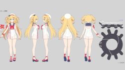 1girl akai_haato akai_haato_(holonatsu_paradise) armband blonde_hair blue_eyes blue_sailor_collar bow breasts copyright_name grey_background hair_bow hair_ornament hairclip hat hololive large_breasts layered_swimsuit long_hair multiple_views nail_polish official_alternate_costume official_art one-piece_swimsuit red_bow red_shoes reference_sheet sailor_collar scrunchie shoes simple_background straight-on strappy_heels swimsuit toenail_polish toenails transparent_innertube turnaround two_side_up virtual_youtuber white_hat white_one-piece_swimsuit wrist_scrunchie 