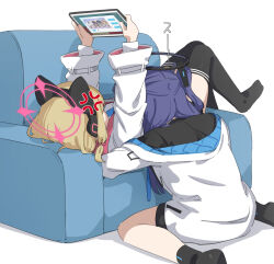  2girls absurdres animal_ear_headphones animal_ears blonde_hair blue_archive blush bow breasts cat_ear_headphones controller couch csham fake_animal_ears game_console game_controller halo handheld_game_console headphones highres holding holding_handheld_game_console joy-con long_hair lying mechanical_halo momoi_(blue_archive) multiple_girls nintendo_switch on_couch playing_games purple_hair shirt sitting two_side_up yuuka_(blue_archive) 