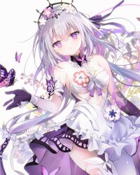  1girl asymmetrical_gloves bare_shoulders black_tiara blush breasts bug butterfly butterfly_earrings castorice_(honkai:_star_rail) closed_mouth dress earrings elbow_gloves flower flower_ornament gloves hair_flower hair_ornament honkai:_star_rail honkai_(series) insect jewelry long_hair looking_at_viewer medium_breasts pointy_ears purple_butterfly purple_eyes purple_flower purple_gloves purple_hair shirogane_hina single_elbow_glove solo thighhighs tiara uneven_gloves very_long_hair white_dress white_thighhighs 