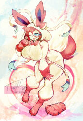 1girl :3 animal_ears animal_feet animal_nose artist_name blue_sclera body_fur bow breasts claw_pose claws closed_mouth colored_sclera dated female_focus full_body furry furry_female gen_6_pokemon gloves hair_between_eyes half-closed_eye hand_on_own_thigh hand_up happy heart heart_background hood hood_up large_breasts leaning_forward long_sleeves looking_at_viewer loose_hair_strand nintendo one_eye_closed onesie paw_gloves personification pink_bow pink_fur pink_gloves pokemon pokemon_(creature) ribbon sidelocks signature single_glove slippers smile solo standing sweat sylveon tail thwillartz tongue tongue_out twitter_username two-tone_fur unworn_gloves unworn_slippers white_eyes white_fur white_ribbon