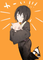  1girl animal black_hair black_kimono blush closed_eyes happy happy_aura holding holding_animal japanese_clothes kimono musical_note naruto_(series) open_mouth orange_background pig sandals shizune_(naruto) short_hair tonton_(naruto) user_tmsf7747 