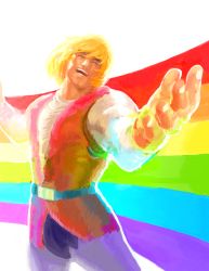 1boy 2011 absurdres blonde_hair brekkist fabulous_secret_powers_(meme) he-man highres lgbt_pride male_focus masters_of_the_universe meme open_mouth pantyhose prince_adam rainbow rainbow_flag smile solo rating:General score:41 user:danbooru