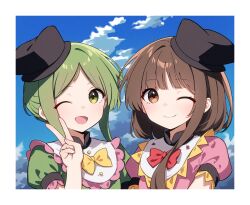  2girls black_hat blue_sky border bow brown_eyes brown_hair buttons cloud cloudy_sky commentary_request day dress green_dress green_eyes green_hair hand_up hat highres looking_at_viewer multiple_girls nishida_satono one_eye_closed open_mouth outdoors pink_dress puffy_short_sleeves puffy_sleeves red_bow shishidonagi short_hair_with_long_locks short_sleeves sidelocks sky smile teireida_mai touhou upper_body v white_border yellow_bow 