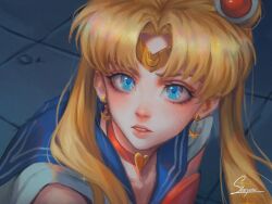  1girl absurdres bishoujo_senshi_sailor_moon bishoujo_senshi_sailor_moon_s blue_sailor_collar choker circlet commentary_request crescent crescent_earrings derivative_work earrings hair_over_shoulder heart heart_choker heart_ornament highres jewelry lips long_hair magical_girl meme parted_bangs red_choker sailor_collar sailor_moon sailor_moon_redraw_challenge_(meme) sailor_senshi_uniform screenshot_redraw solo staryoruu teeth tsukino_usagi twintails upper_body 