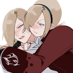  2boys :/ ancestor_and_descendant androgynous ash_crimson black_gloves black_hairband blonde_hair blush closed_mouth coat eye_contact fingerless_gloves freckles gloves hair_over_one_eye hairband hexermer highres long_sleeves looking_at_another looking_to_the_side male_focus multiple_boys nervous_sweating one_eye_covered open_mouth parted_bangs red_coat saiki_(kof) shirt simple_background sweat teeth the_king_of_fighters the_king_of_fighters_xiii tongue upper_body upper_teeth_only white_background white_shirt 