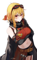  1girl absurdres black_shorts blonde_hair breasts crossed_arms gloves goggles goggles_on_head hammer highres hololive hololive_indonesia kaela_kovalskia kaela_kovalskia_(4th_costume) large_breasts midriff navel red_eyes red_gloves shorts smile twitter_username virtual_youtuber white_background zakimpo 