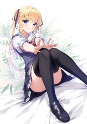 1girl absurdres ahoge ass bed_sheet black_thighhighs blonde_hair blue_eyes blue_ribbon blue_skirt blue_vest closed_mouth convenient_leg floral_background hair_ribbon highres knees_together_feet_apart loafers long_hair looking_at_viewer pleated_skirt ribbon saenai_heroine_no_sodatekata sailor_collar sawamura_spencer_eriri shoes sitting skirt solo thighhighs thighs twintails vest white_sailor_collar yanagi_marie rating:Sensitive score:29 user:danbooru