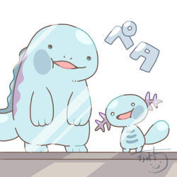  against_glass evolutionary_line gen_2_pokemon glass highres kawachi_(hina) looking_at_viewer nintendo no_humans open_mouth pokemon pokemon_(creature) pokemon_focus quagsire simple_background smile tail window wooper 