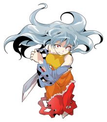  1girl alphes_(style) bare_shoulders barefoot breasts cleaver commentary_request dairi detached_sleeves diamond_(shape) diamond_cutout dress floating_hair frilled_dress frills full_body grey_hair hair_between_eyes holding large_variant_set long_hair long_sleeves medium_breasts multicolored_dress orange_dress parody red_dress red_ribbon ribbon sakata_nemuno shaded_face single_strap solo style_parody tachi-e touhou transparent_background tsurime variant_set wide_sleeves yellow_dress 