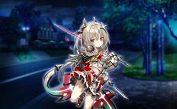  1girl :o artist_request bare_legs bat_hair_ornament black_boots black_cape boots cape cloud dress dual_wielding expressionless eyelashes fighting_stance foot_out_of_frame frilled_dress frills game_cg grass grey_hair hair_between_eyes hair_intakes hair_ornament highres holding holding_sword holding_weapon house irina_kush juliet_sleeves lamppost leg_up light_blush long_hair long_sleeves long_sword magia_record:_mahou_shoujo_madoka_magica_gaiden magical_girl mahou_shoujo_madoka_magica mahou_shoujo_madoka_magica_magia_exedra night night_sky non-web_source official_art outdoors outline over_shoulder parted_lips petals puffy_sleeves red_eyes road short_dress short_sword sidewalk sky sleeves_past_wrists solo spiked_pauldrons star_(symbol) star_hair_ornament street sword tree tsurime two_side_up very_long_hair weapon weapon_over_shoulder white_dress white_outline wide_sleeves 