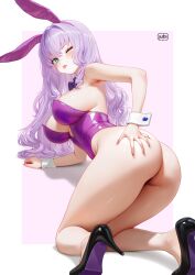  1girl :p absurdres all_fours animal_ear_hairband animal_ears armpit_crease ass bare_legs black_shoes blush border bow bowtie breasts commentary detached_collar english_commentary fake_animal_ears from_behind grabbing_own_ass green_eyes hair_between_eyes hairband high_heels highleg highleg_leotard highres indie_virtual_youtuber large_breasts leotard lili_morgaine long_hair looking_at_viewer one_eye_closed pink_background playboy_bunny purple_bow purple_bowtie purple_hair purple_leotard purple_nails rabbit_ear_hairband rabbit_ears regiana_(jubi) second-party_source shoes sideboob solo strapless strapless_leotard tongue tongue_out virtual_youtuber white_border white_wrist_cuffs wrist_cuffs 