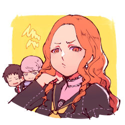  1girl 2boys adachi_tooru black_hair black_jacket black_sailor_collar black_serafuku brown_eyes brown_hair choker closed_eyes closed_mouth collared_shirt commentary cropped_torso drill_hair drill_sidelocks earrings ebihara_ai english_commentary frilled_choker frills grey_hair highres jacket jewelry long_hair long_sleeves looking_at_viewer multiple_boys narukami_yu neckerchief necktie parted_bangs persona persona_4 pink_choker red_necktie sailor_collar school_uniform serafuku shirt short_hair sidelocks tedty33 upper_body white_shirt yasogami_school_uniform yellow_neckerchief 