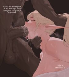 1boy 1girl blonde_hair braid breasts cum cum_in_mouth dark-skinned_male dark_skin elf english_text fellatio from_side grabbing_another&#039;s_hair head_grab hetero highres interracial irrumatio large_breasts large_penis long_hair nude oral original penis pointy_ears ponytail saliva solo_focus soraoraora sweat tears testicles tongue tongue_out uncensored veins veiny_penis 