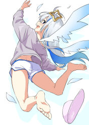 1girl absurdres amane_kanata angel_wings arm_up asanaya ass bare_legs barefoot blue_hair colored_inner_hair dolphin_shorts feet from_behind full_body grey_hair halo highres hololive long_hair looking_back midair multicolored_hair open_mouth purple_eyes purple_shirt shirt shoes unworn_shoes short_shorts shorts slippers soles solo star_halo streaked_hair teeth toenails toes upper_teeth_only virtual_youtuber white_shorts wings rating:Sensitive score:9 user:danbooru