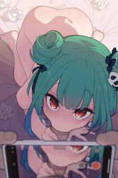 1boy 1girl :&gt;= ass blush bottomless breasts cellphone double_bun earrings erection fellatio green_hair hair_bun hair_ornament hair_ribbon hetero highres hololive jewelry kakure_eria kneeling large_breasts looking_at_viewer looking_up nude oral penis phone pov recording red_eyes ribbon short_hair sidelocks skull_hair_ornament solo_focus sweat thighs uncensored uruha_rushia used_tissue virtual_youtuber rating:Explicit score:555 user:danbooru