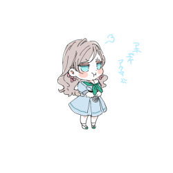  1girl :i aqua_neckerchief aqua_shoes blue_dress blue_eyes blush_stickers ceras_yanagida_lilienfeld chibi chibi_only commentary crossed_arms dress full_body grey_hair hair_ribbon hasu_no_sora_school_uniform link!_like!_love_live! long_hair love_live! neckerchief pink_ribbon pleated_dress pout puff_of_air puffy_short_sleeves puffy_sleeves ribbon sailor_collar sailor_dress school_uniform shinanoya_(satanicad) shoes short_sleeves simple_background solo standing summer_uniform translation_request uwabaki virtual_youtuber white_background white_sailor_collar 