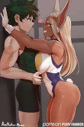 1boy 1girl aestheticc-meme against_wall animal_ears artist_name ass assertive_female boku_no_hero_academia breast_press breasts curvy dark-skinned_female dark_skin freckles gloves green_eyes green_hair grin heart heattech_leotard highres interracial large_breasts leotard long_hair midoriya_izuku mirko muscular muscular_female muscular_male rabbit_ears rabbit_girl rabbit_tail red_eyes scar short_hair shorts sleeveless smile tail tank_top thick_thighs thighs turtleneck wavy_mouth white_gloves white_hair rating:Sensitive score:356 user:danbooru
