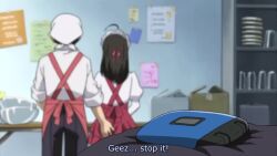  1boy 1girl angry animated apron crotch_kick english_text grabbing_another&#039;s_ass groping hetero indoors itou_makoto_(school_days) kneeing maid_headdress saionji_sekai school_days skirt sound tagme video 
