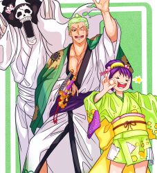  1girl 2boys black_hair brook_(one_piece) child chonmage commentary_request green_hair green_kimono hair_bun highres japanese_clothes kimono kurozumi_tama multiple_boys nekozukikensi notice_lines obi one_eye_closed one_piece purple_hair roronoa_zoro sash scar scar_across_eye scar_on_face skeleton sword topknot weapon white_kimono 